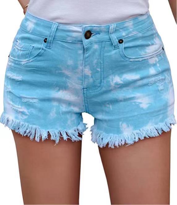 Damen lässige Denim-Shorts mit einzigartigem Batikmuster und fransigem Saum Stalluxe