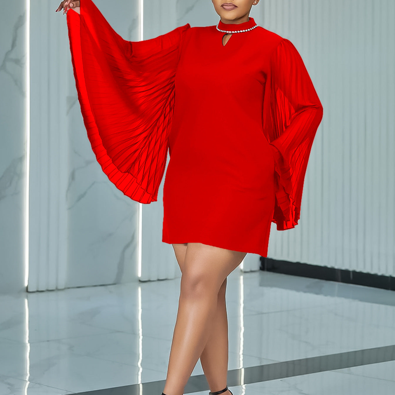 Damen Elegantes Kleid mit geschlitztem Kragen und plissierten Ärmeln Stalluxe