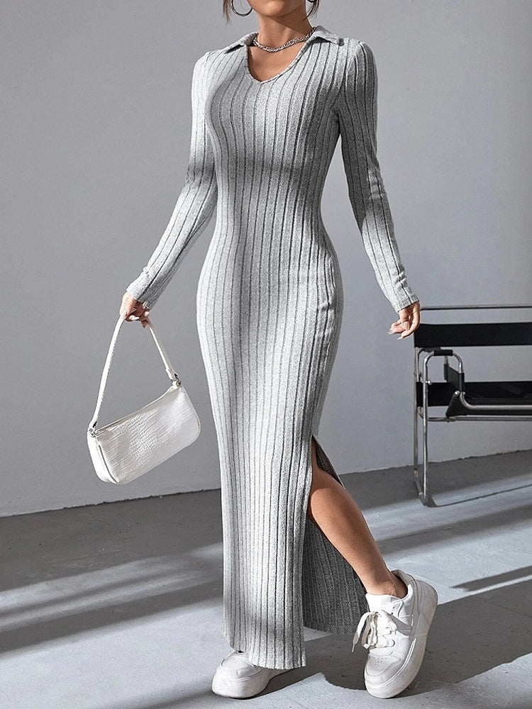 Damen Langärmliges Rippkleid mit Slit und Kragen Stalluxe