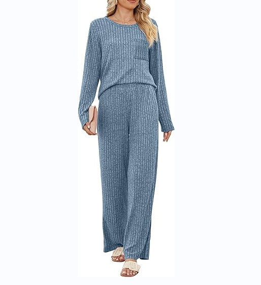 Damen Lässiges Lounge-Set mit langärmeliger Oberteil und weitem Hosen Stalluxe