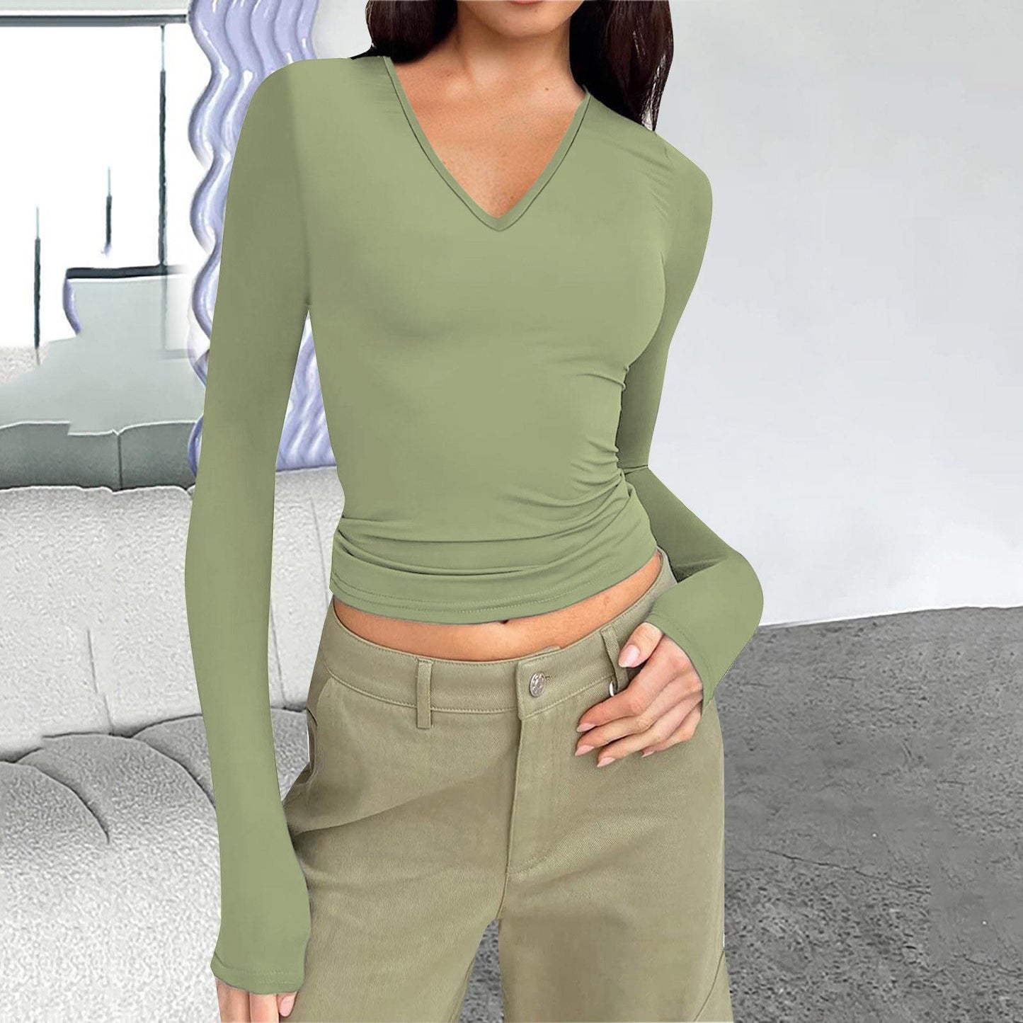 Damen Langarmshirt mit V-Ausschnitt und figurbetonendem Schnitt Stalluxe