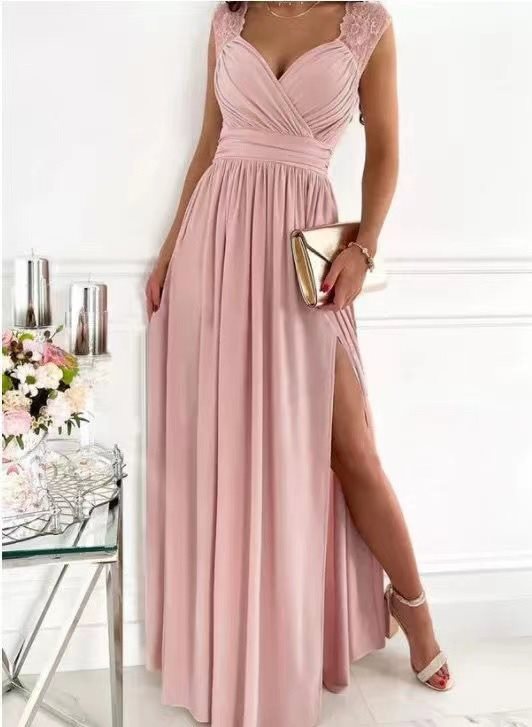 Damen elegantes Maxikleid mit Spitzenärmeln und seitlichem Schlitz Stalluxe