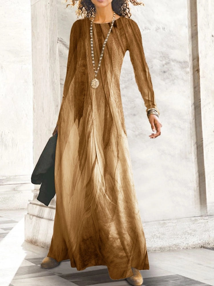Damen Maxikleid mit elegantem, wellenförmigem Musterdruck und langem Arm Stalluxe