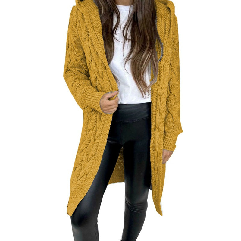 Damen Langer Strickmantel mit strukturiertem Zopfdesign und praktischer Kapuze Stalluxe