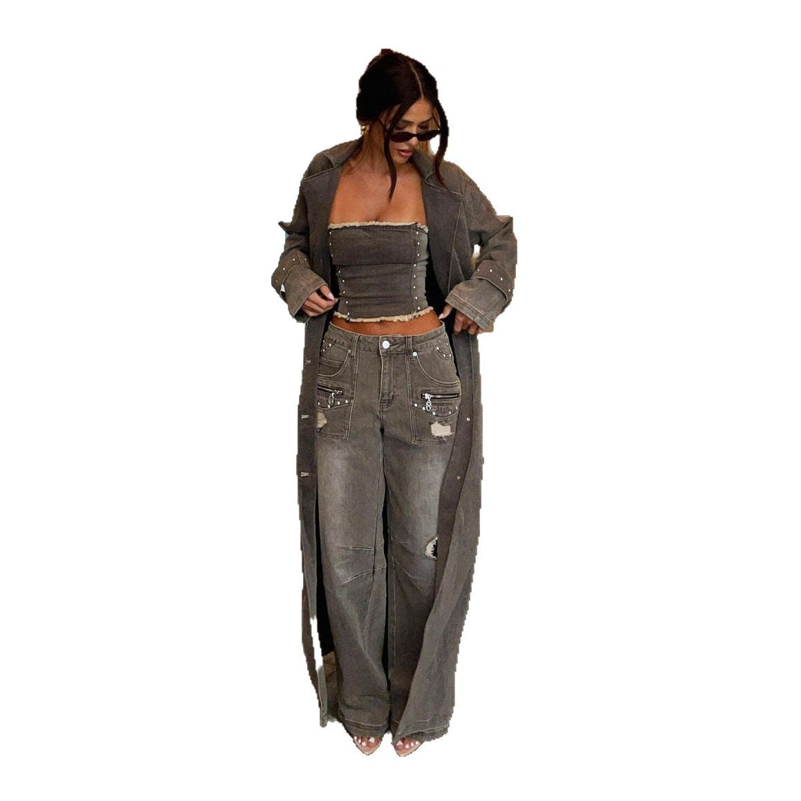 Damen Crop-Top und weiter Jeans mit dekorativen Akzenten Stalluxe