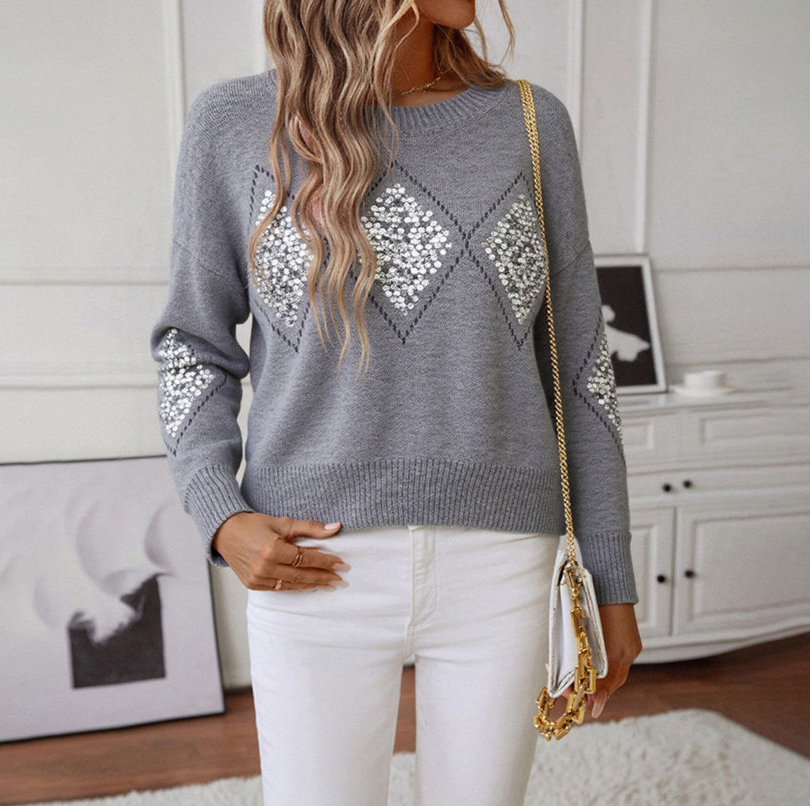 Damen Glitzernder Pullover mit Diamantmuster Stalluxe