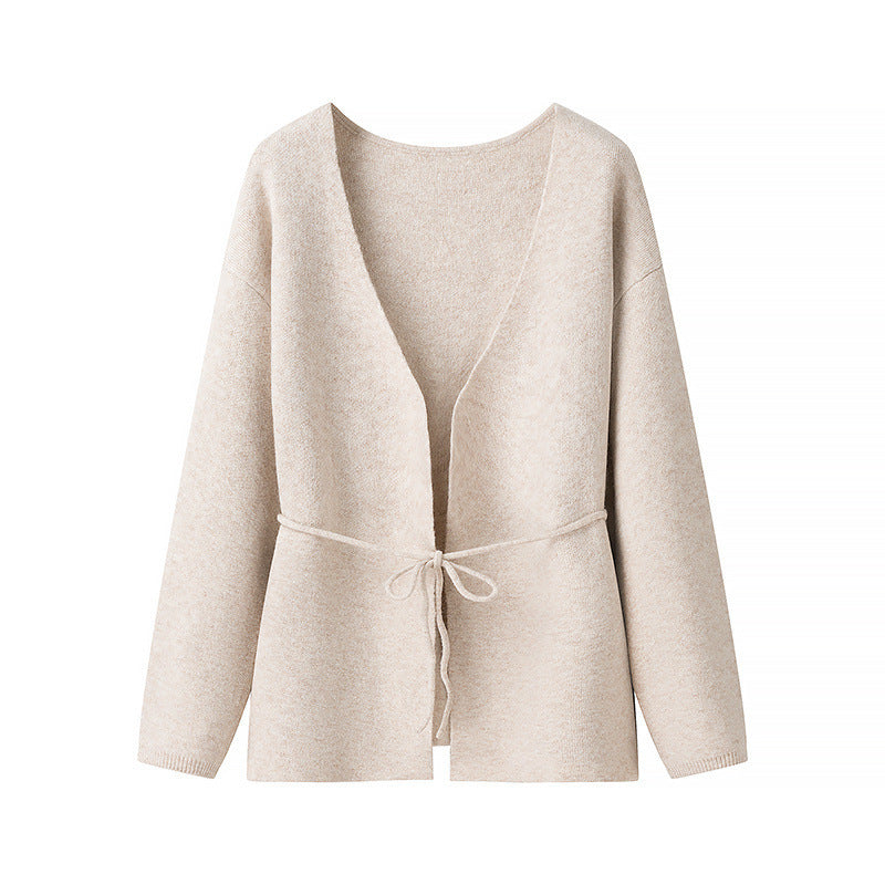 Damen lockere Strickjacke mit Taillenschnürung und weitem V-Ausschnitt Stalluxe