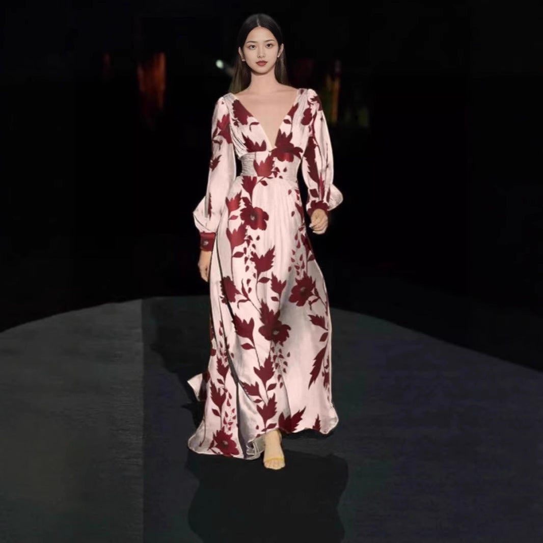 Damen Maxi-Kleid mit tiefem V-Ausschnitt und voluminösen Ärmeln Stalluxe