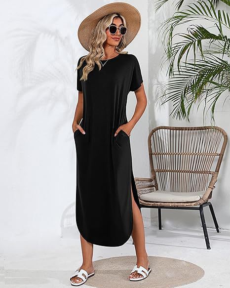 Damen Lässiges Maxikleid mit seitlichem Schlitz und feinem Rundhalsausschnitt Stalluxe