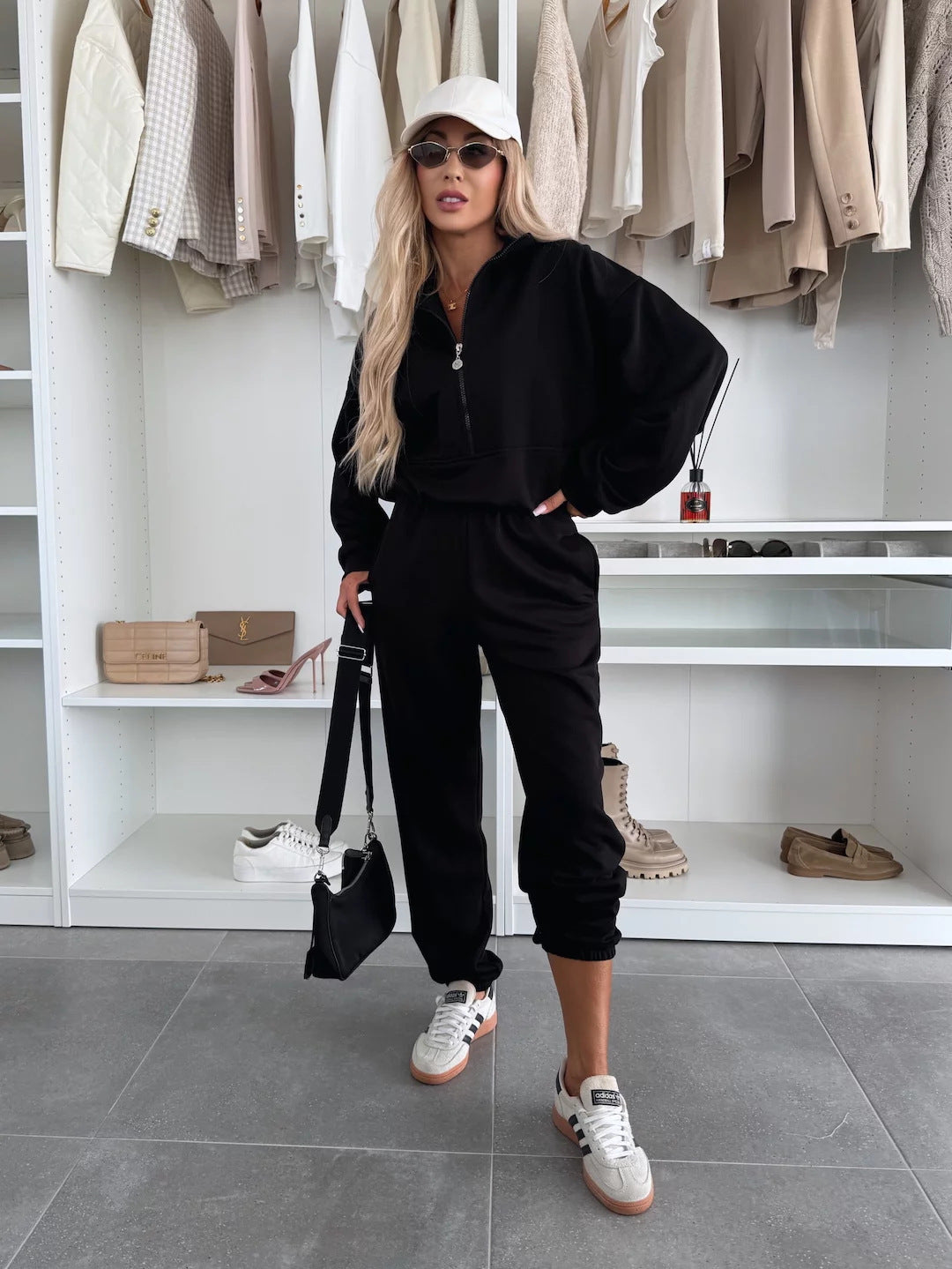 Damen sportliches Fleece-Set mit halbem Reißverschluss und elastischem Bund Stalluxe
