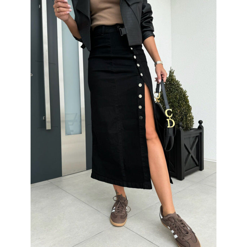 Damen Denim-Midirock mit seitlichem Schlitz und Knopfdetails Stalluxe