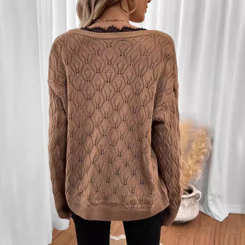 Damen Strickpullover mit elegantem V-Ausschnitt und feiner Lochstruktur Stalluxe