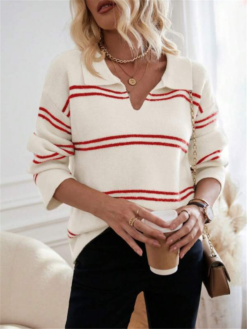 Damen lässiger Pullover mit Polo-Kragen und gestreiftem Design Stalluxe
