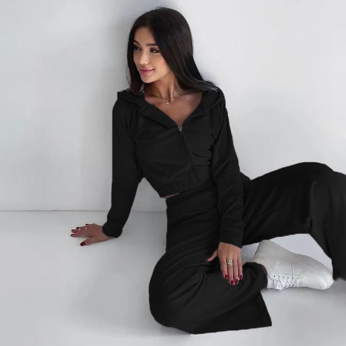Damen modischer Velours-Cropped-Hoodie und weite Sporthose Set Stalluxe