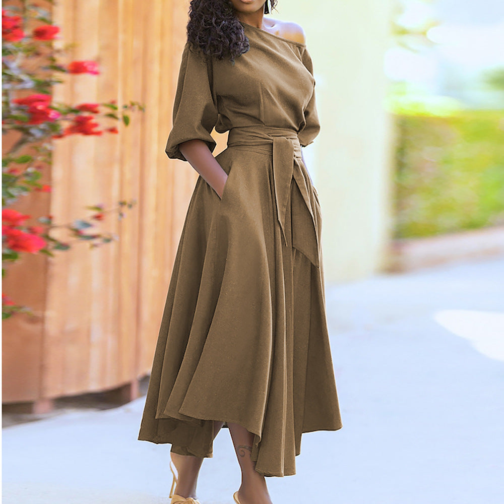 Damen Elegantes Off-Shoulder Maxikleid mit seitlichen Taschen und Taillengürtel Stalluxe