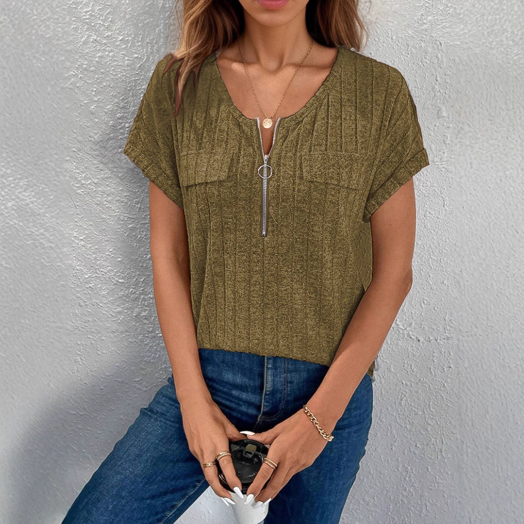 Women's Ribbed Pocket Zip-Up Top Stalluxe