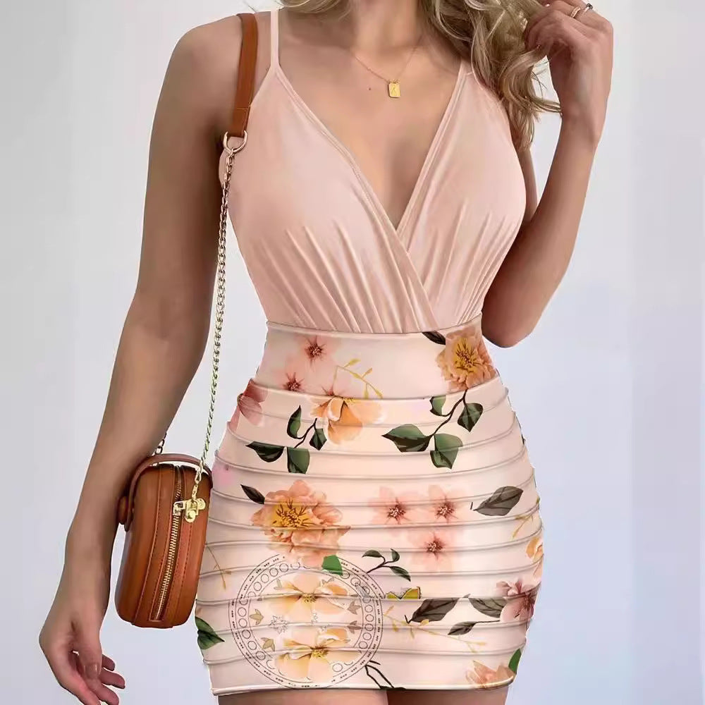 Damen Figurbetontes Minikleid mit floralem Design und tiefem V-Ausschnitt Stalluxe