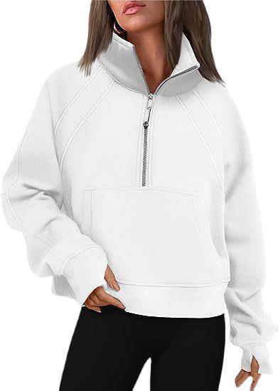 Damen sportlicher Pullover mit halbem Reißverschluss und Kängurutasche Stalluxe