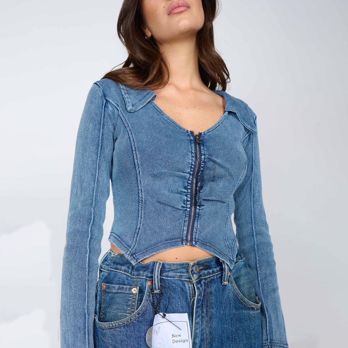 Damen tailliertes Jeansjacke mit Reißverschluss Stalluxe