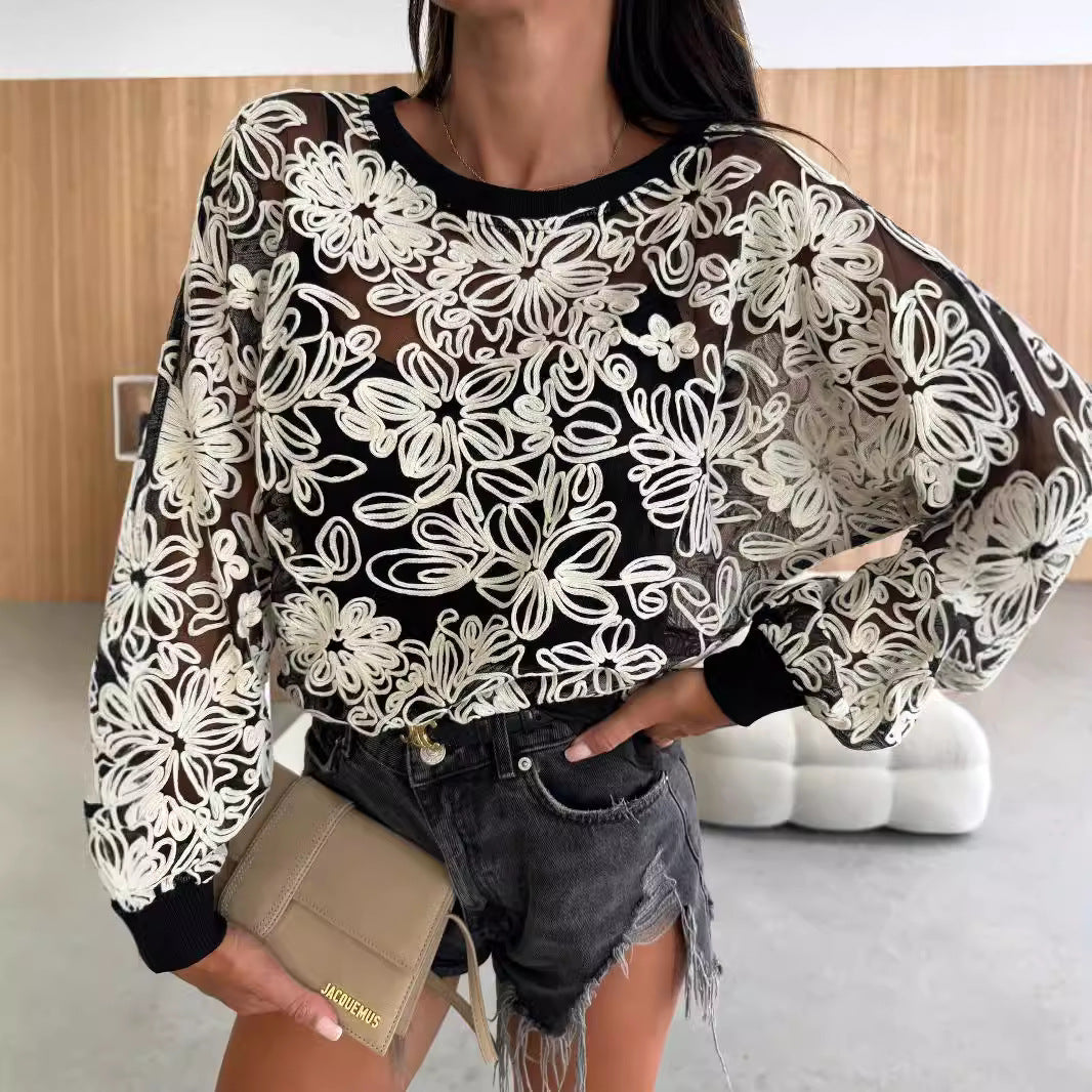 Damen Spitzenshirt mit floralen Stickereien und elastischen Bündchen Stalluxe