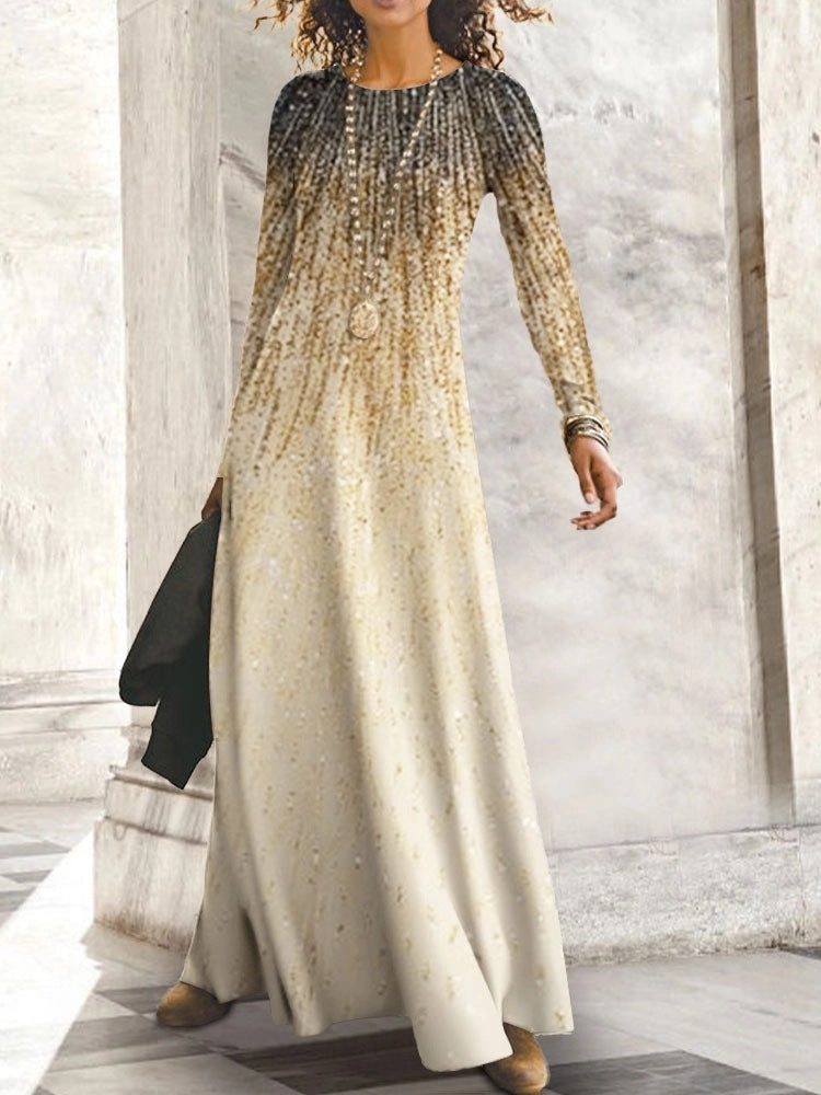 Damen Maxikleid mit elegantem Wasserfarbverlauf und langem Ärmel Stalluxe