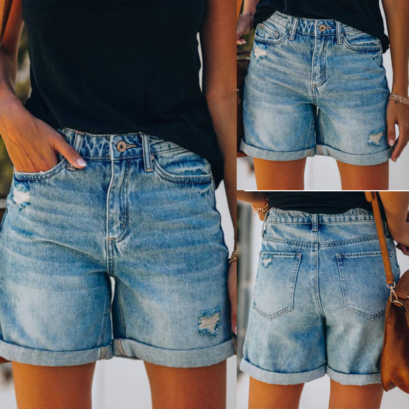 Damen lässige Denim-Shorts mit hochgekrempeltem Saum und Destroyed-Details Stalluxe