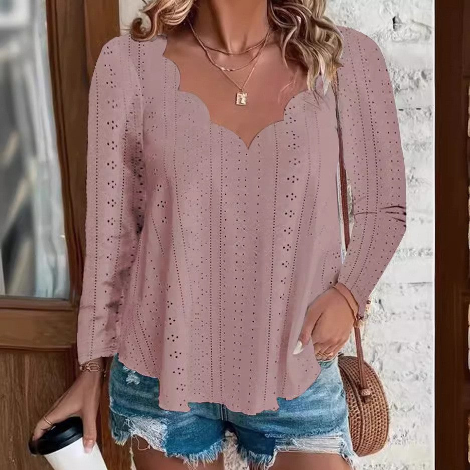 Damen luftiges Blusenshirt mit modernen Lochmuster und elegantem Ausschnitt Stalluxe
