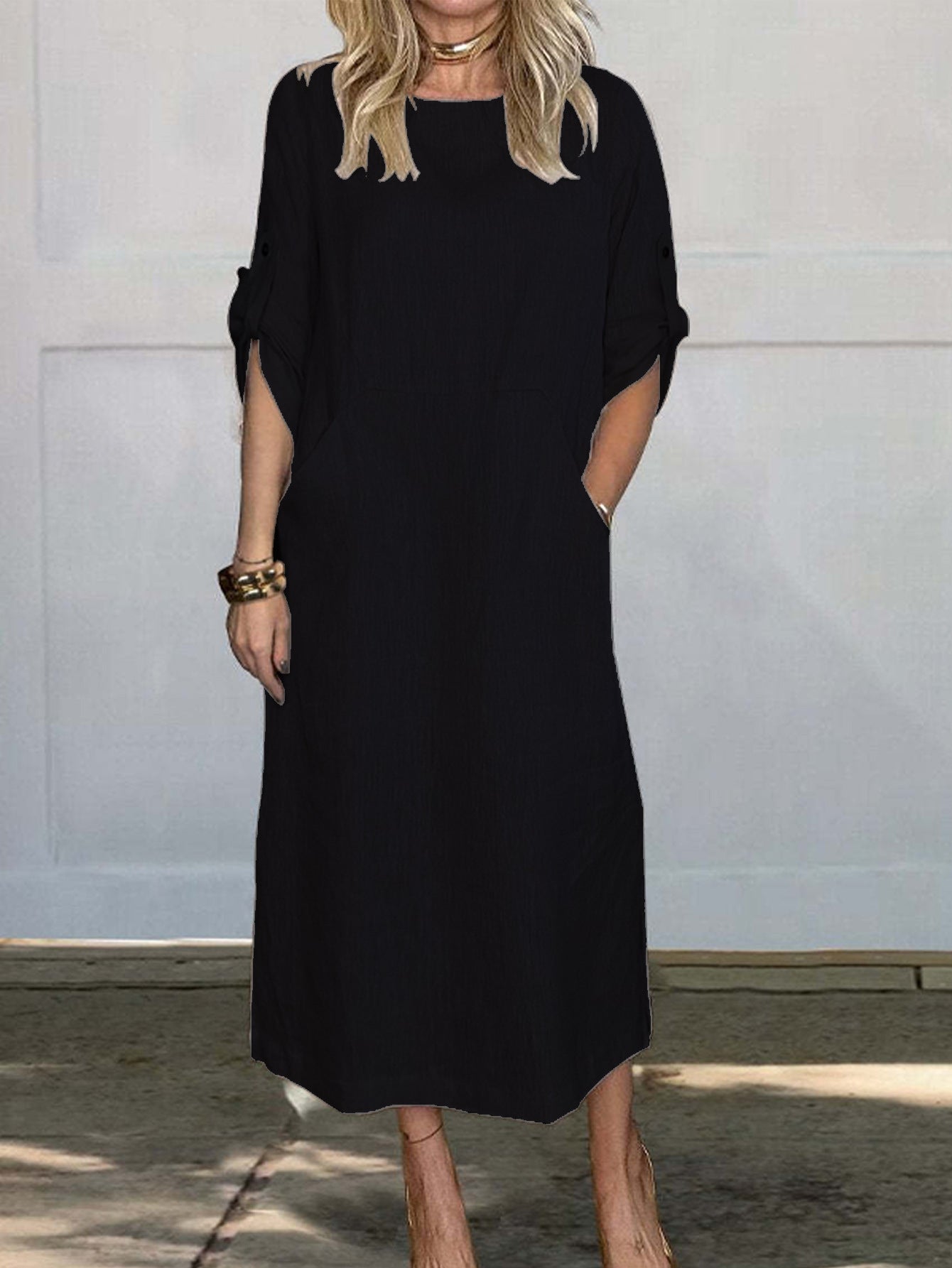 Damen luftiges Midi-Kleid mit praktischen Taschen und umschlagbaren Ärmeln Stalluxe
