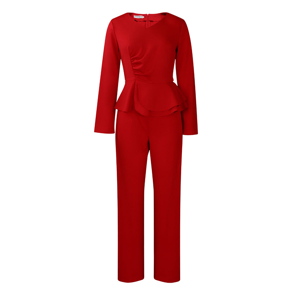 Damen Peplum Overall mit langen Ärmeln und elegantem V-Ausschnitt Stalluxe