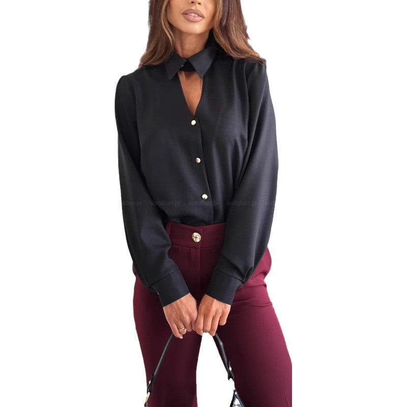 Damen elegante Chiffonbluse mit dekorativen Knöpfen und Stehkragen Stalluxe