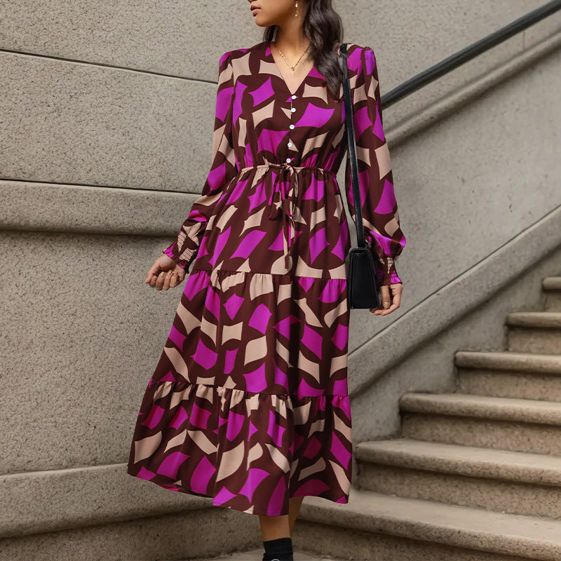 Damen Maxikleid mit voluminösem Rock und raffiniertem Bindegürtel Stalluxe