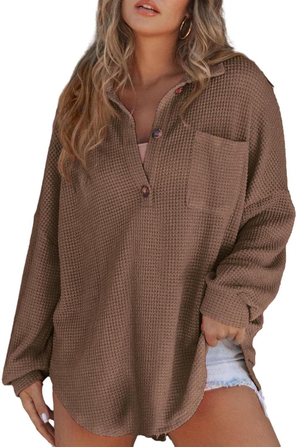 Damen lässiges Waffelshirt mit Knopfdetails und Taschen Stalluxe