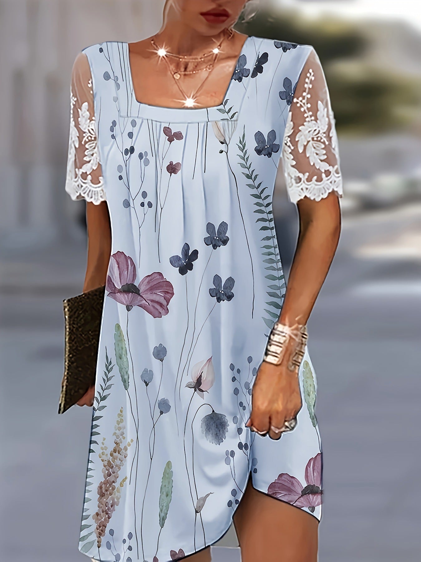 Damen Freizeitkleid mit floralen Mustern und transparenter Spitze Stalluxe