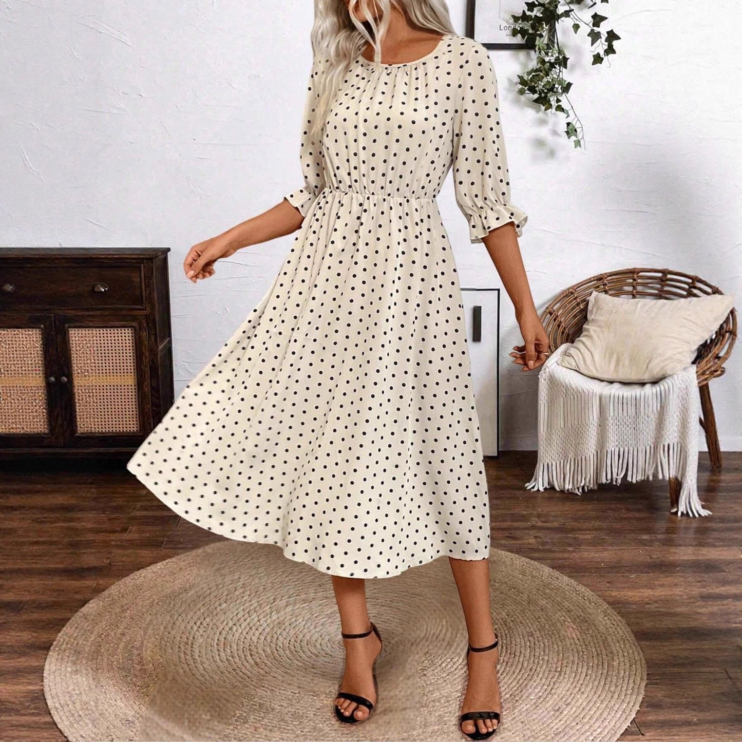 Damen Midikleid mit dekorativen Puffärmeln und elastischem Taillenbund Stalluxe