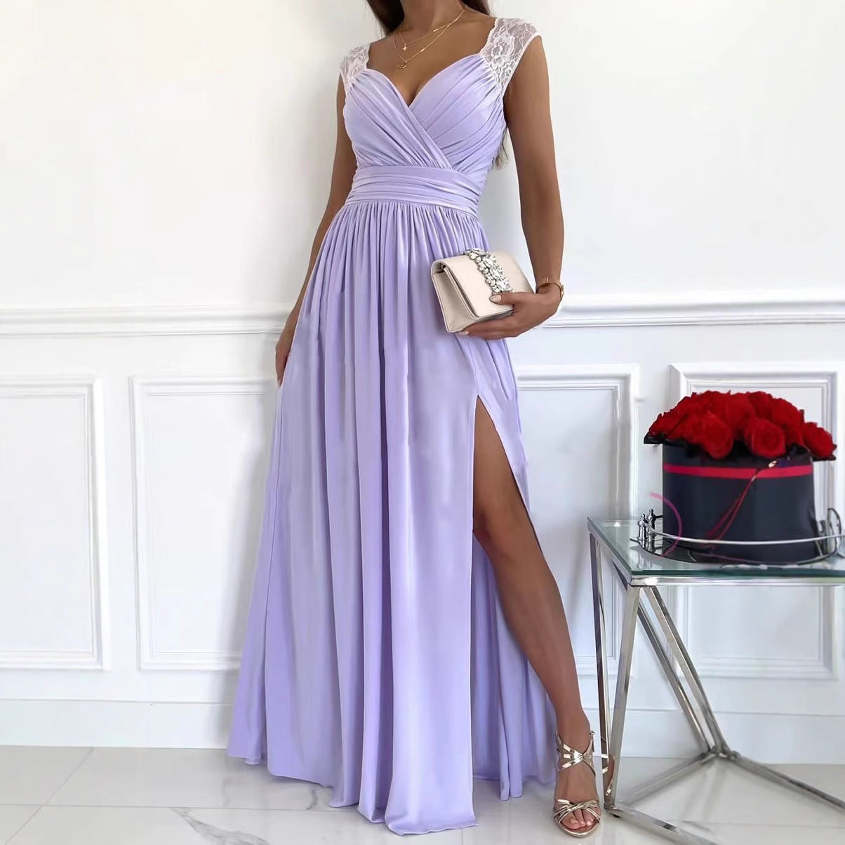 Damen elegantes Maxikleid mit Spitzenärmeln und seitlichem Schlitz Stalluxe