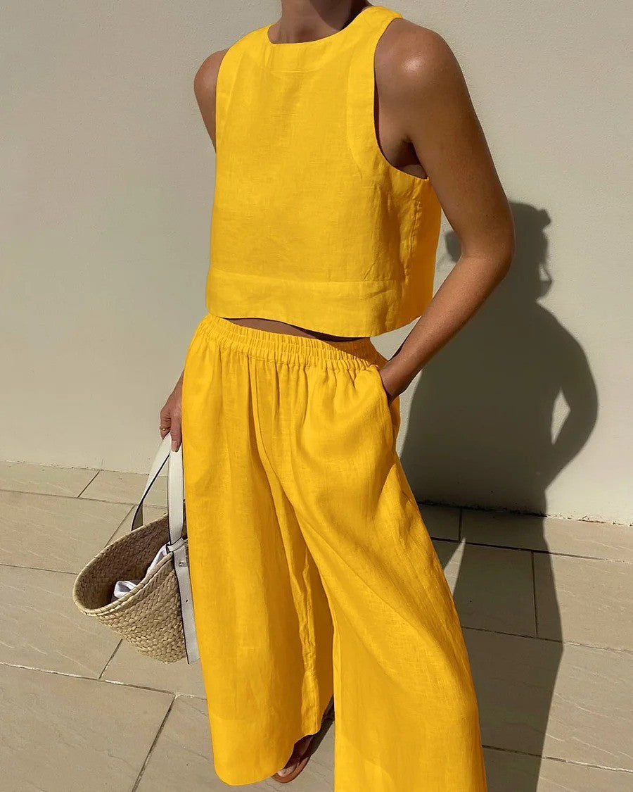 Damen luftiges und modernes Leinen-Set mit Cropped Top und weitem Hose Stalluxe