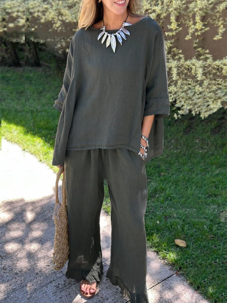 Damen lässiges Leinen-Outfit mit weitem Schnitt und angeschnittenen Ärmeln Stalluxe