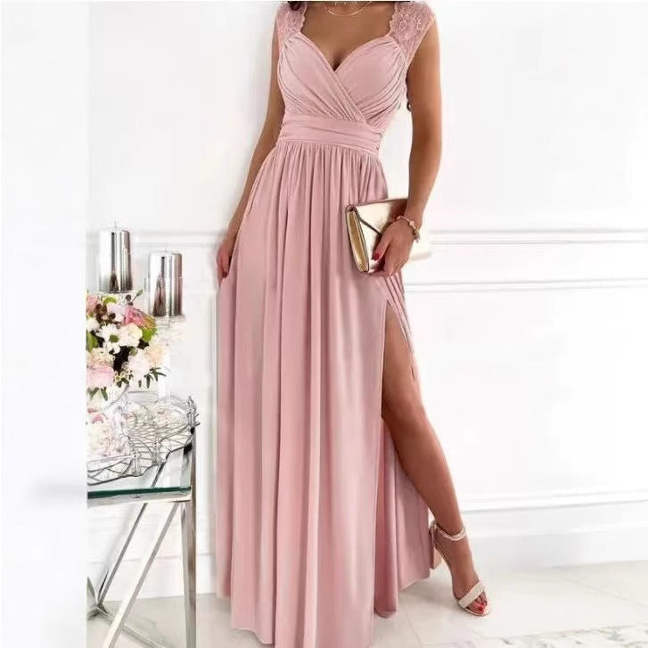 Damen elegantes Maxikleid mit Spitzenärmeln und seitlichem Schlitz Stalluxe