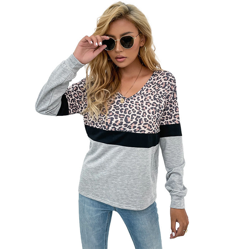 Damen V-Ausschnitt Sweatshirt mit Leopardenmuster und Kontrastband Stalluxe