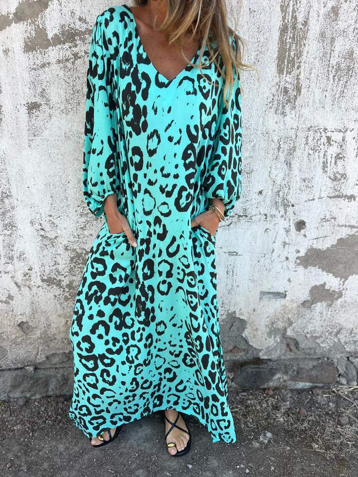 Damen lässiges Maxikleid im Leopardenmuster mit tiefem V-Ausschnitt Stalluxe