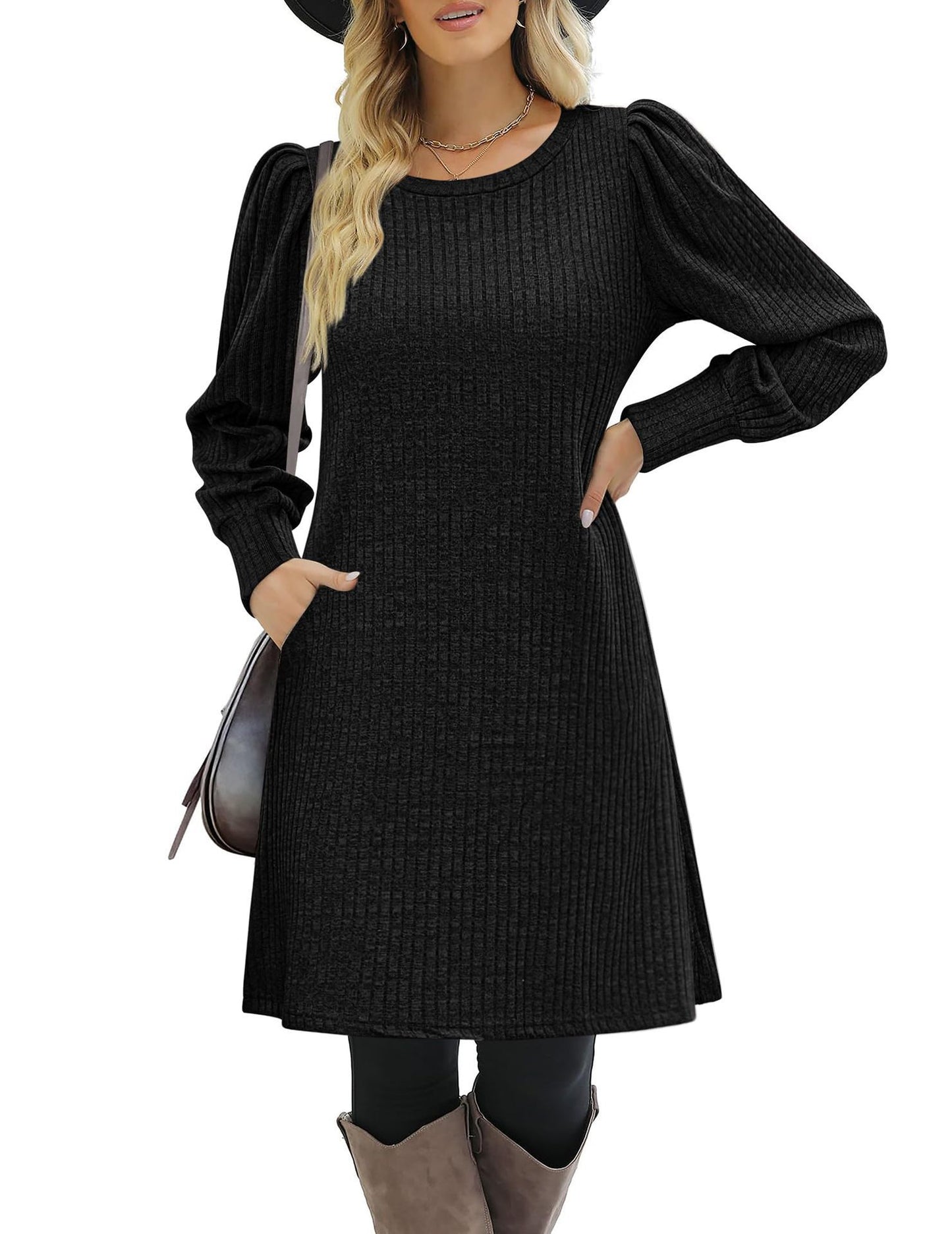 Damen Strickkleid mit puffärmeligem Design und Taschen Stalluxe