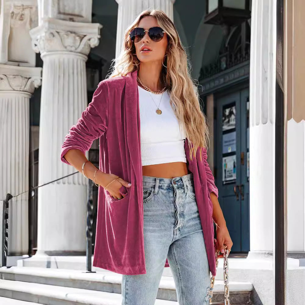 Damen Elegant geschnittener Velours-Blazer mit Taschen Stalluxe