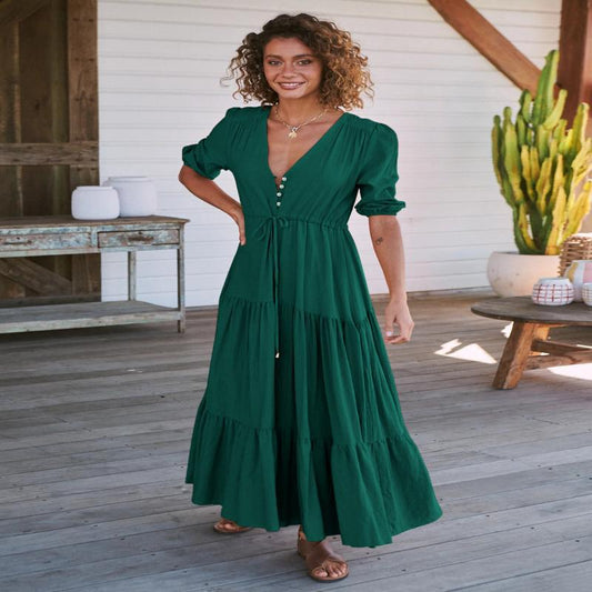 Damen Maxi Kleid mit V-Ausschnitt und Ballonärmeln Stalluxe