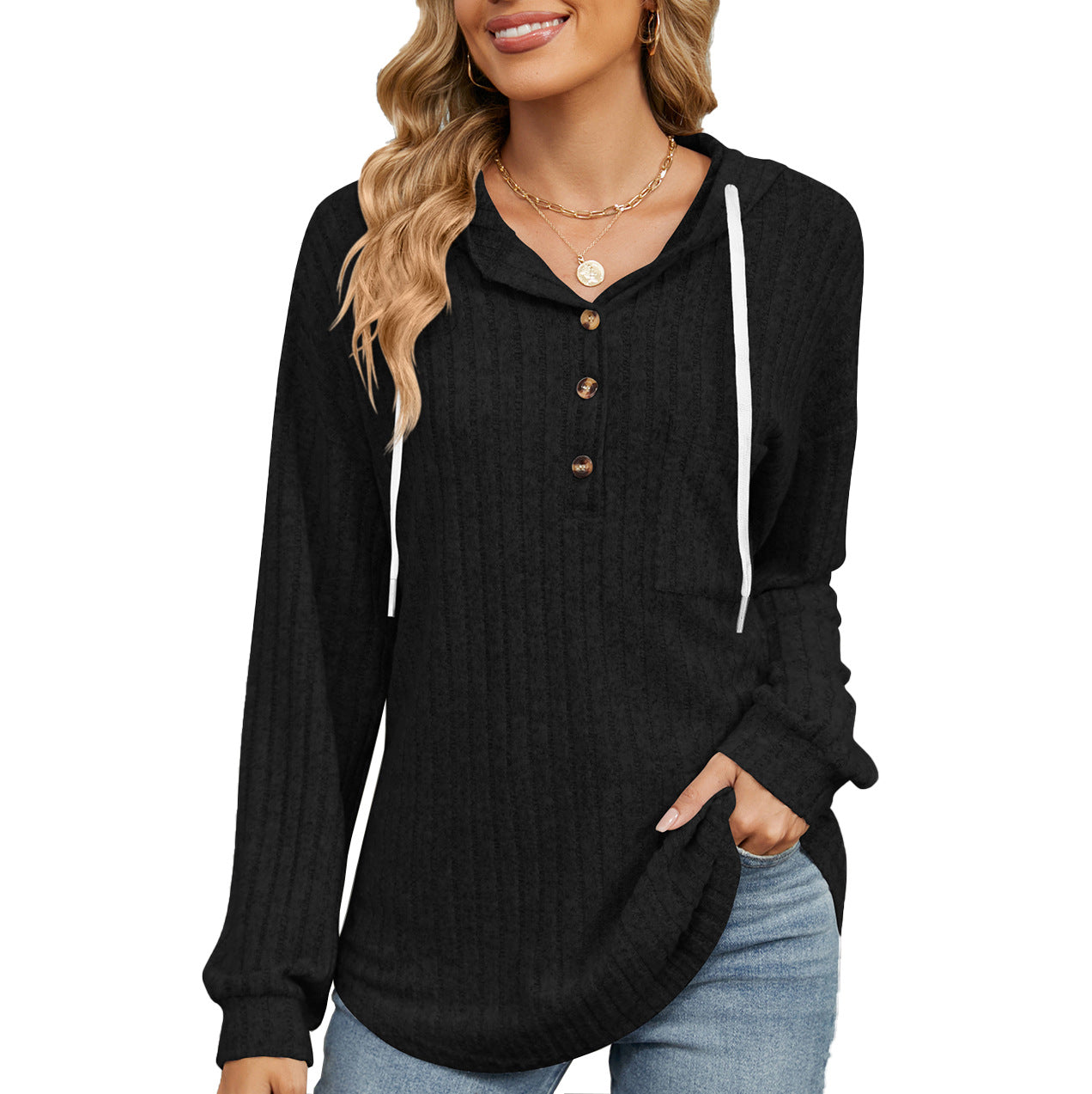Damen lässiger Hoodie mit Knopfleiste und strukturiertem Design Stalluxe