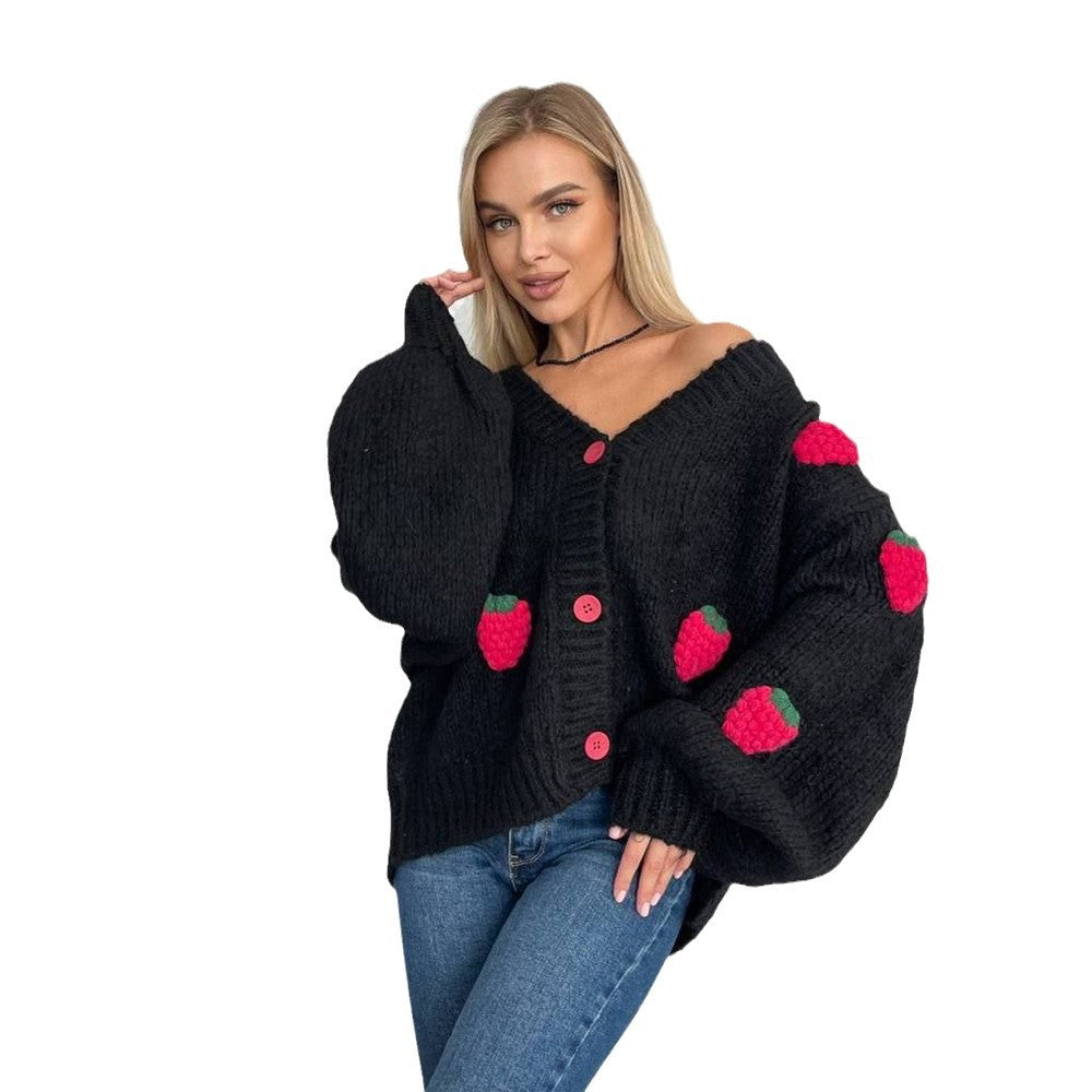 Damen Strickjacke mit verspieltem Erdbeermuster und weiten Ärmeln Stalluxe