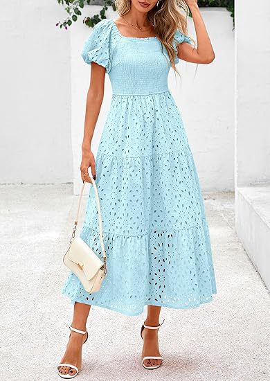 Damen Maxikleid mit dekorativem Lochmuster und Puffärmeln Stalluxe