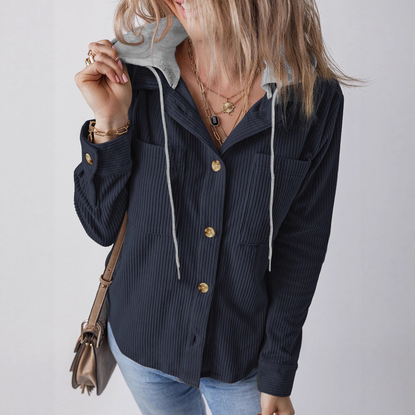 Damen Cargo-Hemdjacke mit Kapuze und modischem Rippstrickdesign Stalluxe