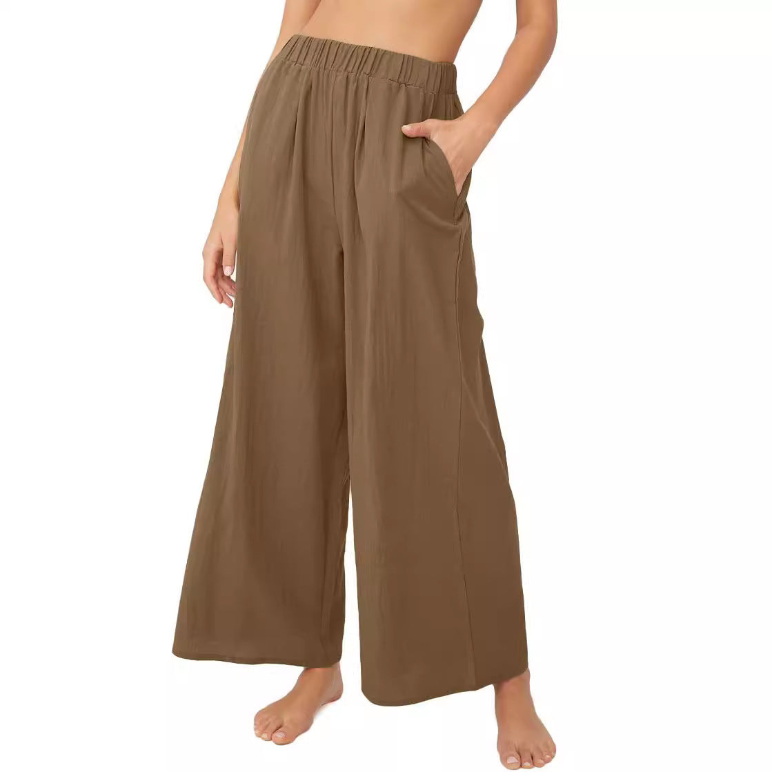 Damen Bequeme Weite Leinenhose mit elastischem Bund und praktischen Taschen Stalluxe