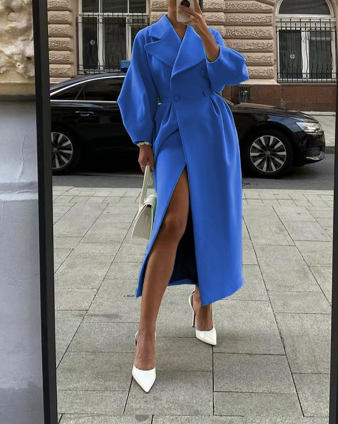 Damen Trenchcoat mit asymmetrischem Schlitz und puffärmeligen Details Stalluxe