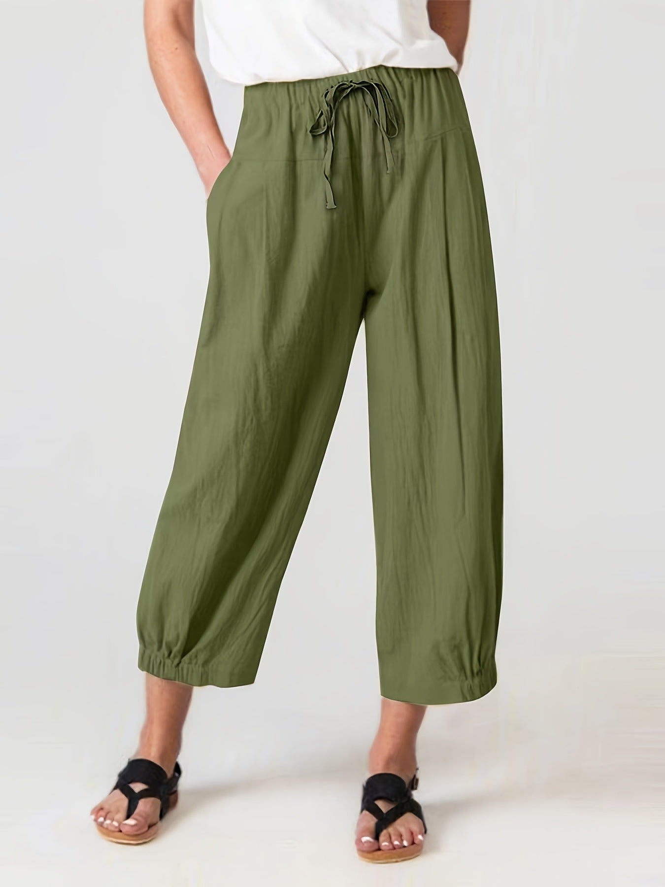 Damen weite Leinenhose mit elastischem Bund und praktischen Taschen Stalluxe